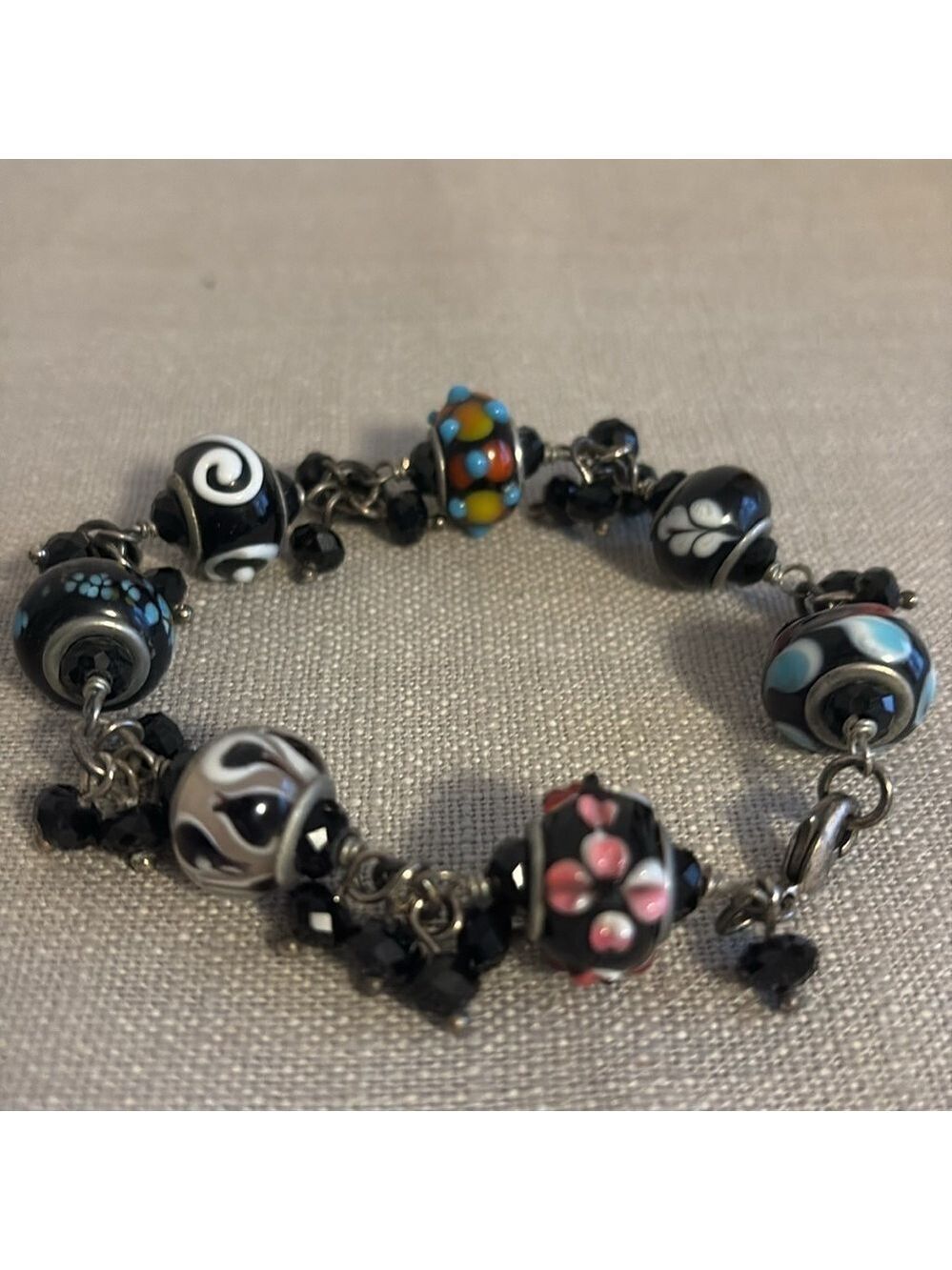 Artisan Glass Lampwork Beaded Bracelet Crystal Silver Tone Black Multi